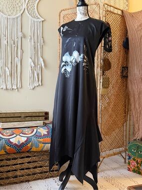 ALL SAINTS Gian Kosumoso Black Floral Asymmetrical Midi Dress Size 4